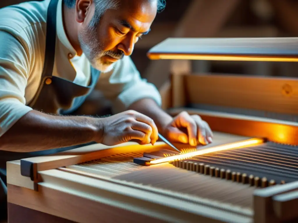 Artista tallando con cuidado un clavicordio en un taller cálido, capturando la historia y sonido del clavicordio