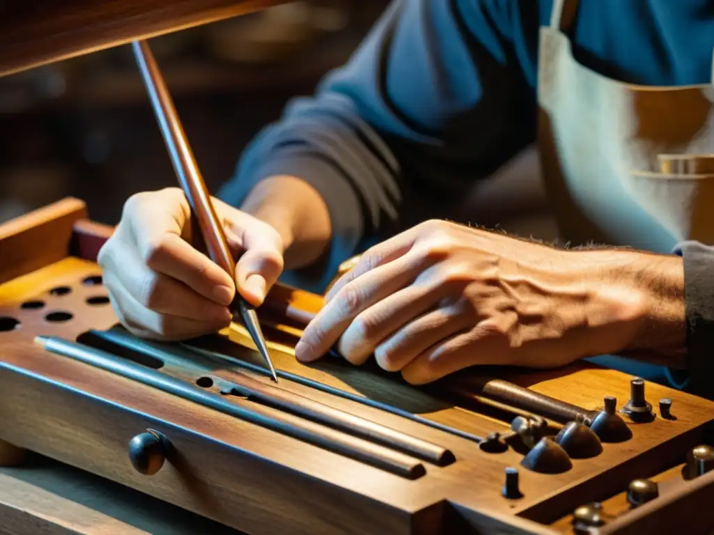 Artista restaurando con delicadeza un instrumento musical antiguo en un taller cálido