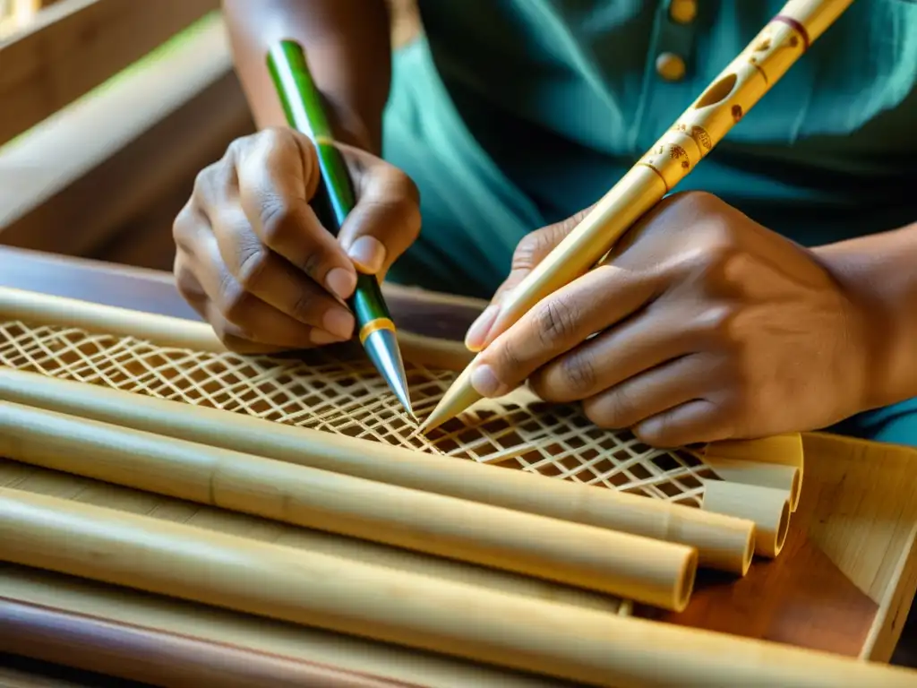 Artista tallando detalles en bambú para construcción artesanal flautas bambú asiáticas, con destreza y pasión