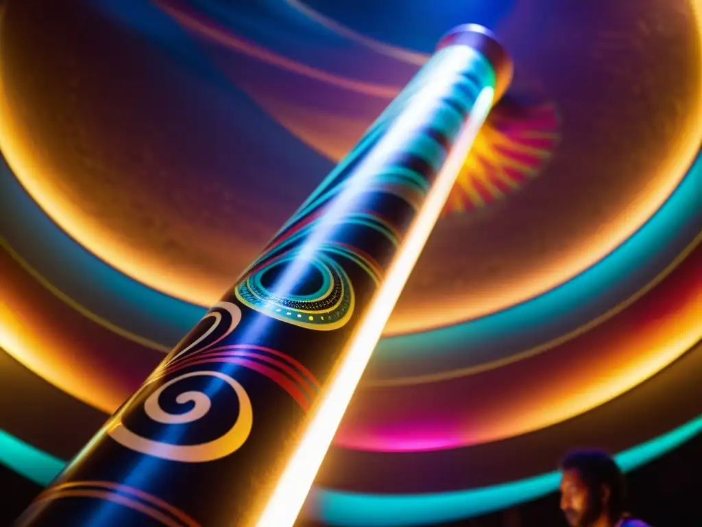 Un artista toca un didgeridoo electrónico, deslumbrando con luces y sonidos de otro mundo