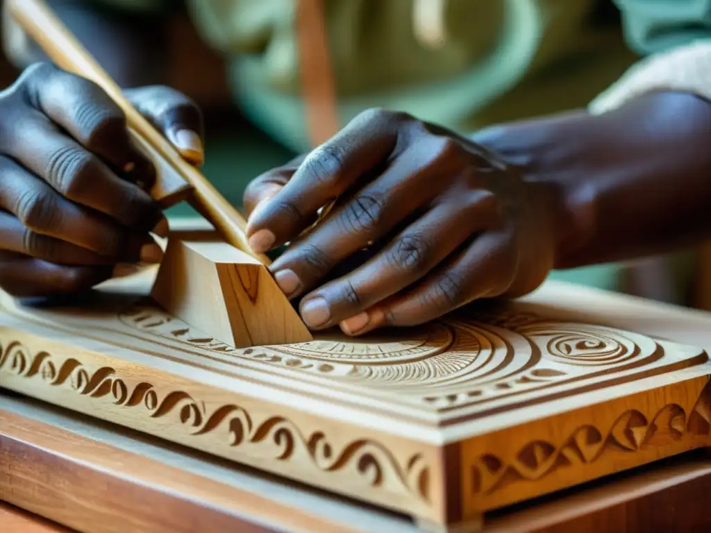 Artista experto tallando detalladamente una Ilimba, destacando la artesanía, historia y sonido del instrumento musical