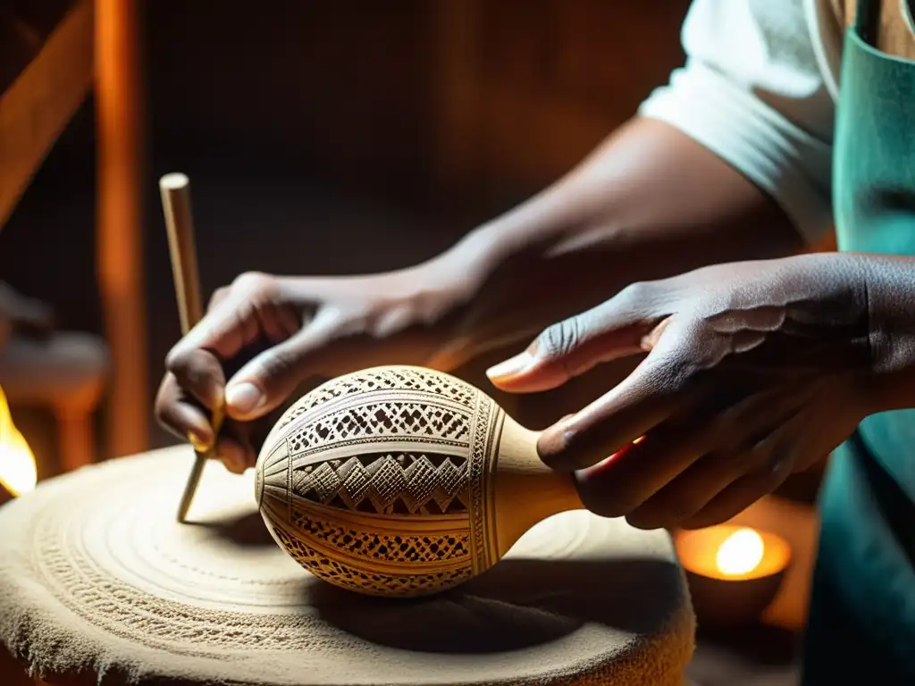 Artista experto talla y pule maracas en un taller cálido, resaltando detalles de las maderas