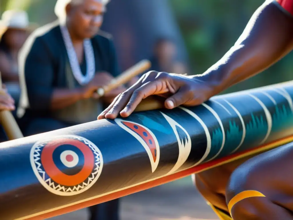 Un artista indígena australiano toca el didgeridoo en una ceremonia tradicional, resaltando la importancia cultural del didgeridoo en Australia