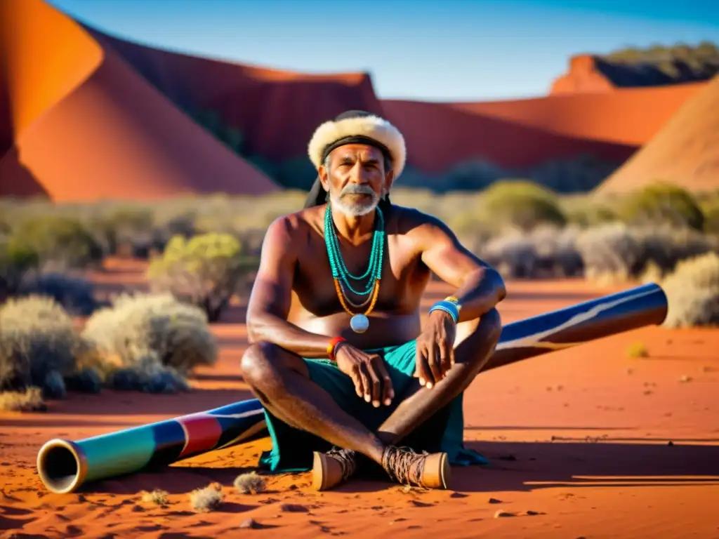 Un artista indígena australiano toca el didgeridoo en el outback, conectando con la historia y sonido del didgeridoo australiano