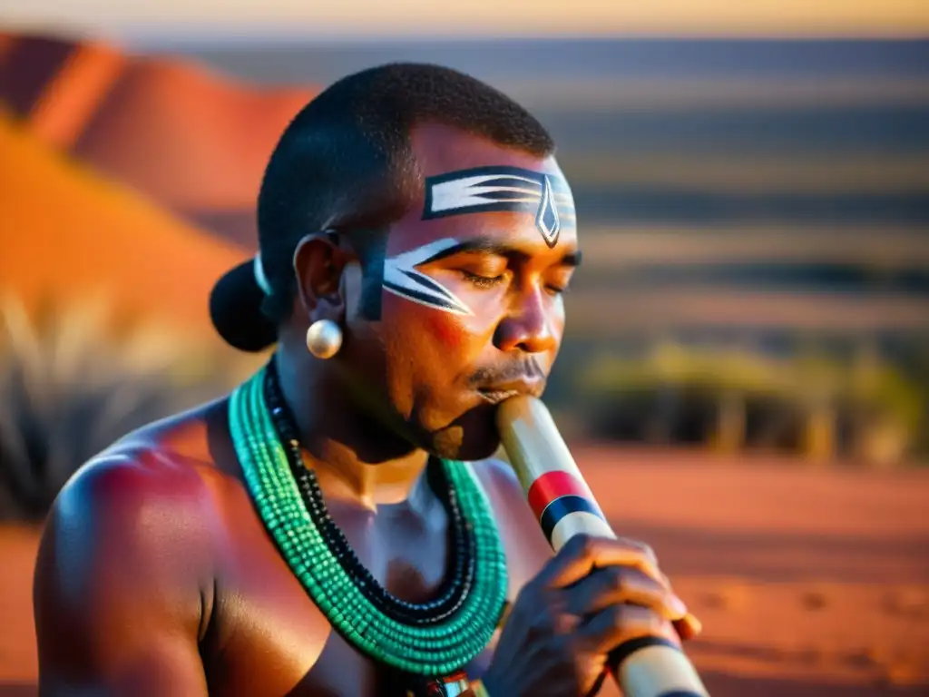 Un artista indígena australiano toca el didgeridoo durante una ceremonia tradicional al atardecer en el Outback, destacando el origen y significado del didgeridoo