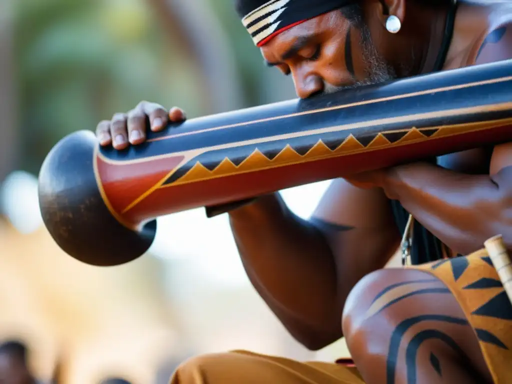 Un artista indígena australiano toca el didgeridoo en una ceremonia tradicional, mostrando la importancia cultural del didgeridoo en Australia