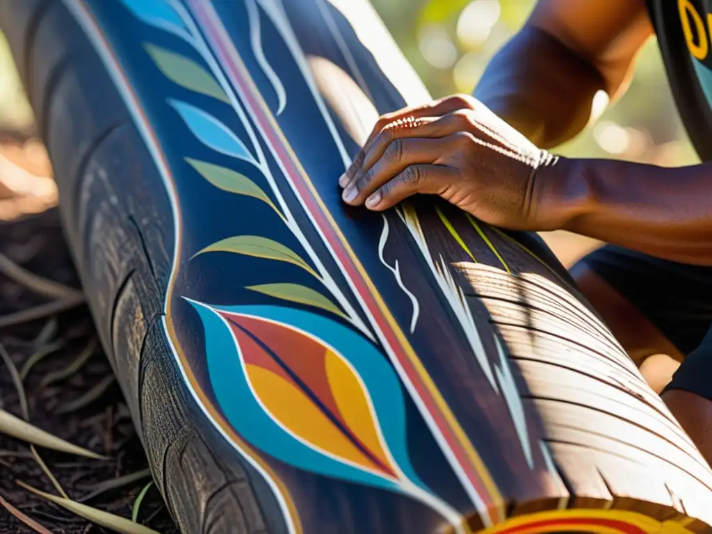 Un artista indígena australiano talla diseños tradicionales en un tronco de eucalipto para crear un didgeridoo, con las manos cubiertas de pintura vibrante