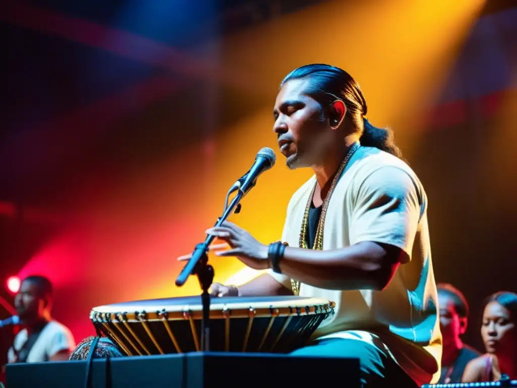 Artista pop tocando instrumentos nativos en un intenso concierto, con luces vibrantes y público diverso