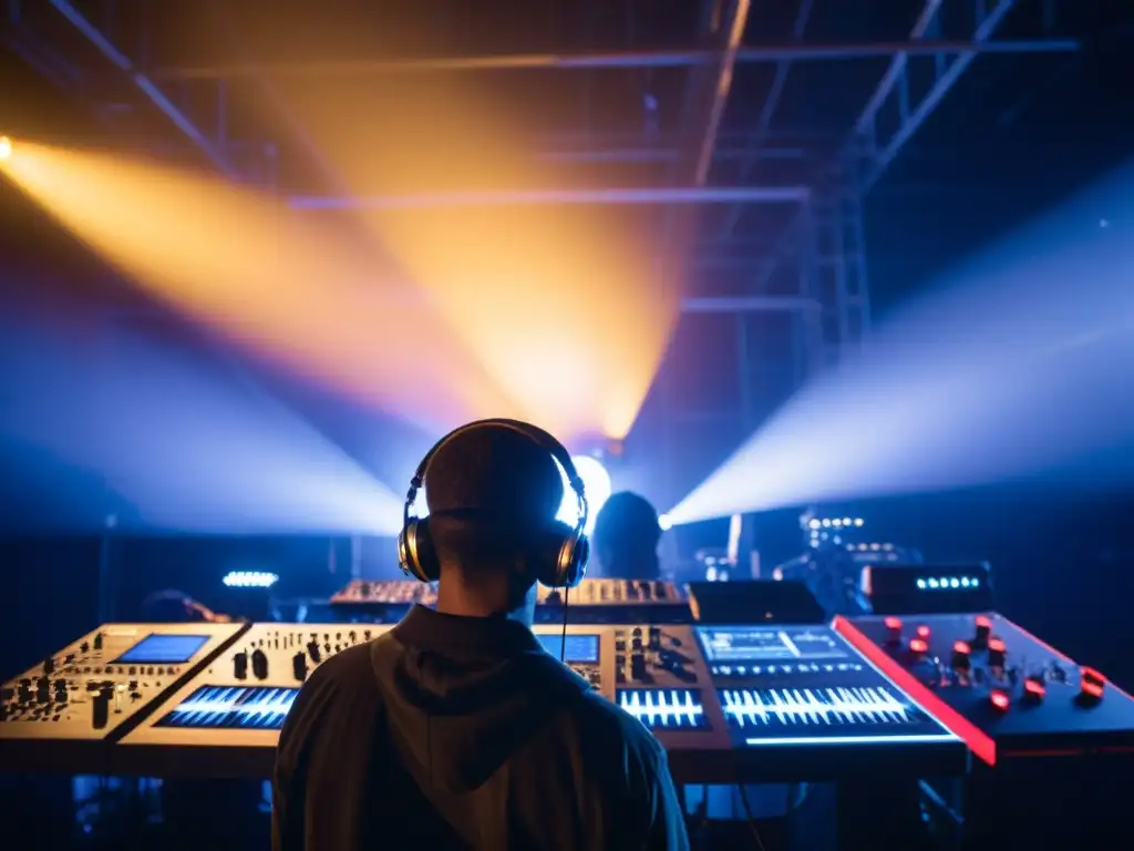 Artista de sonido industrial en vivo, rodeado de equipo electrónico, maquinaria industrial y una iluminación dramática, capturando la energía de la música vanguardia