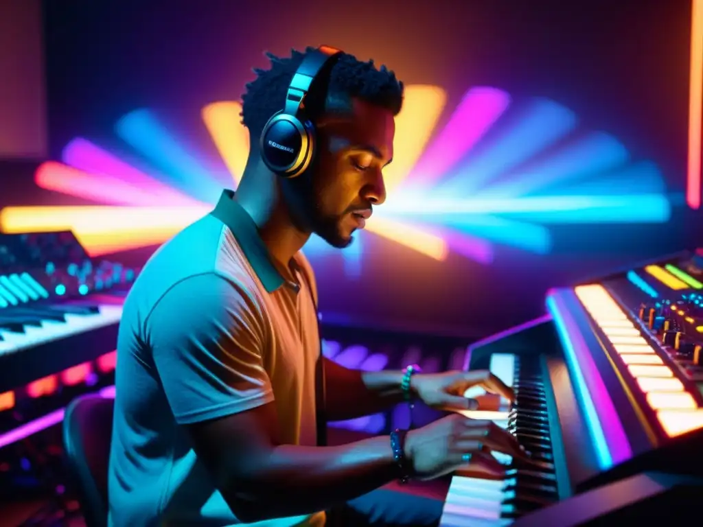 Artista tocando apasionadamente el teclado en un estudio de música electrónica con texturas innovadoras y luces de colores