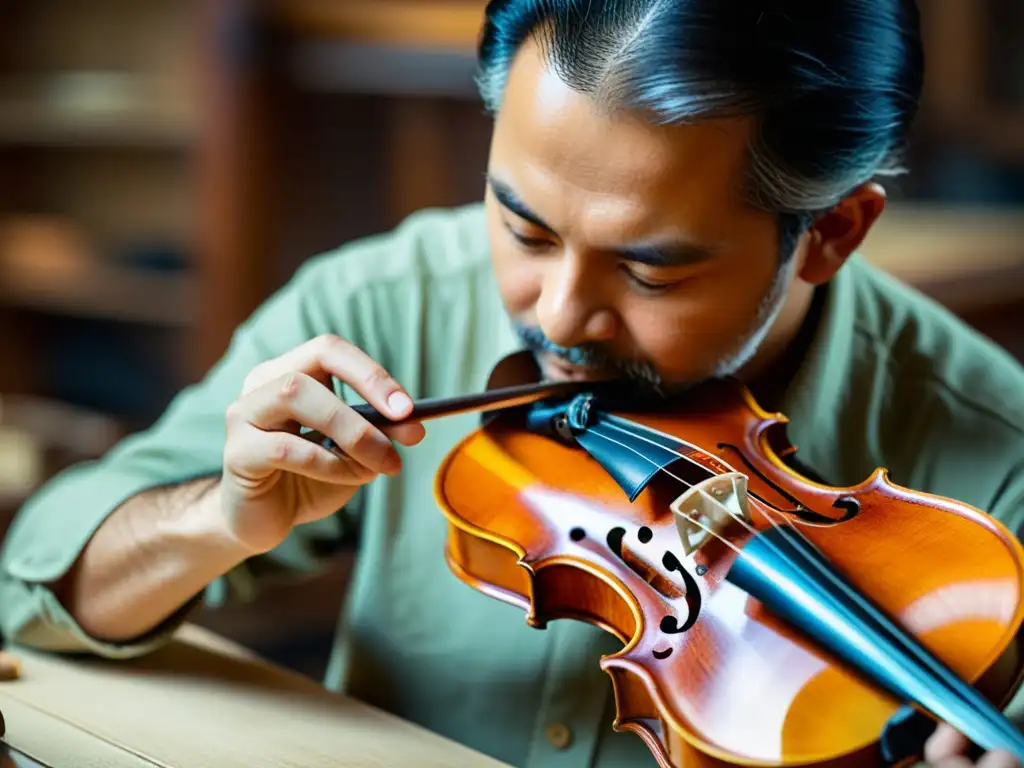 Restauración detallada de violín vintage: arte en acción Artista restaurando detalladamente un violín vintage, resaltando la importancia de la documentación en restauración de instrumentos musicales