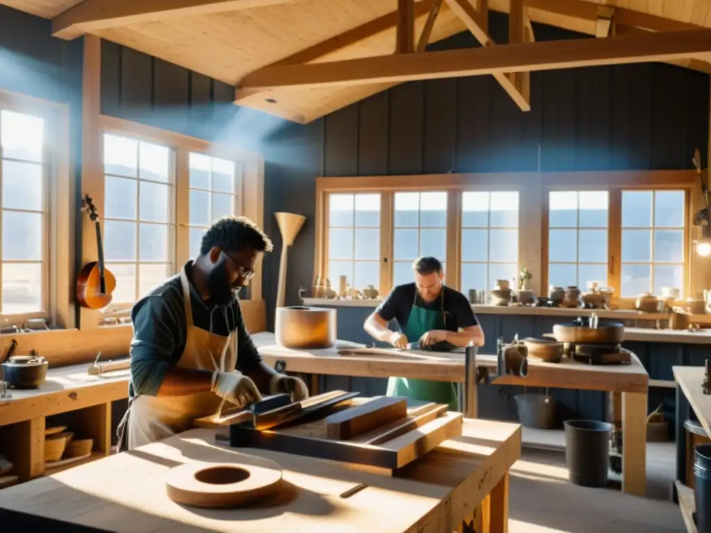 Artistas crean instrumentos musicales sostenibles en un taller luminoso, usando materiales reciclados y técnicas artesanales