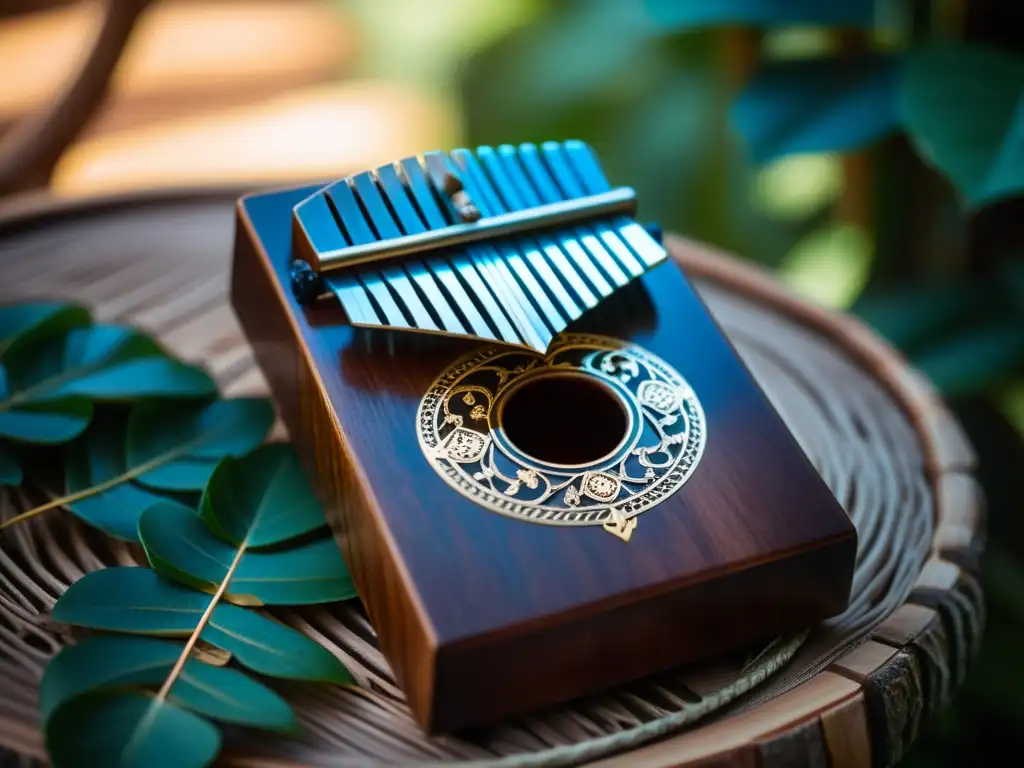 Una kalimba asiática de madera oscura con intrincados detalles tallados, reflejando la luz ambiente