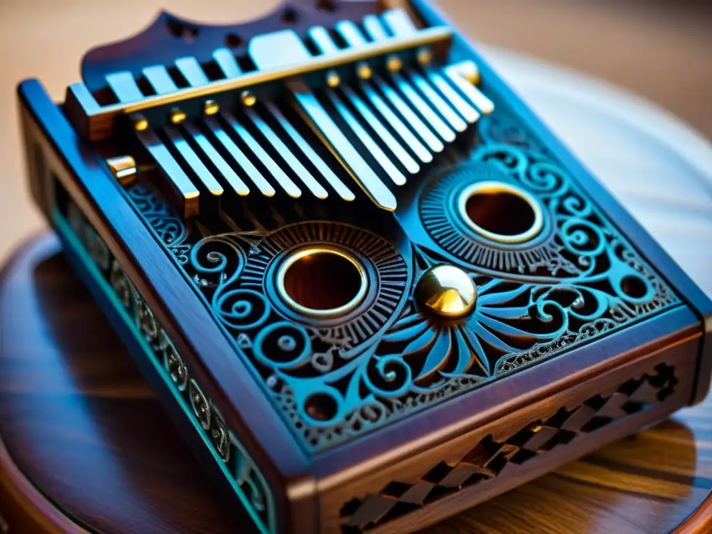 Una kalimba asiática tallada en madera oscura con teclas metálicas ornamentadas y motivos tradicionales