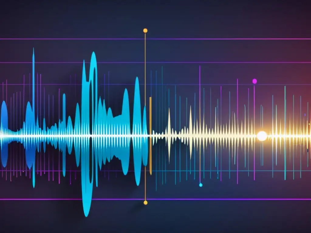 Una asombrosa imagen del análisis de Fourier en la música, con complejas ondas sonoras y representaciones visuales de instrumentos musicales