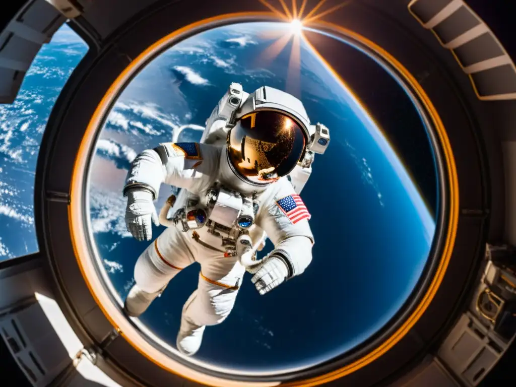 Un astronauta flotando en el espacio exterior cerca de una estación espacial, capturando la grabación espacial con técnicas avanzadas