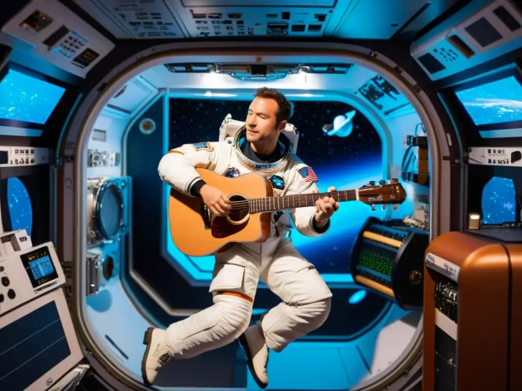 Un astronauta flota en la Estación Espacial Internacional, rodeado de instrumentos musicales como guitarra, teclado y batería