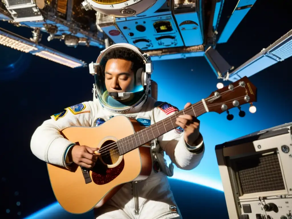 Un astronauta flota en la Estación Espacial Internacional, rodeado de instrumentos musicales en ingravidez