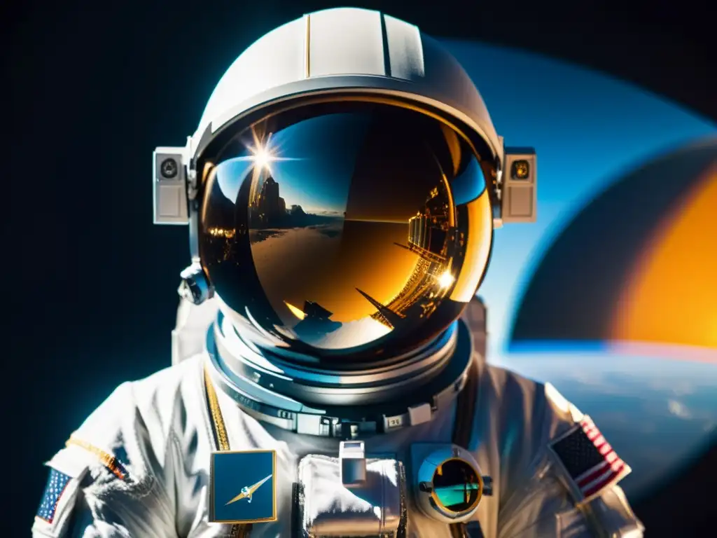 Un astronauta en traje espacial sostiene un instrumento musical futurista, con la Tierra de fondo