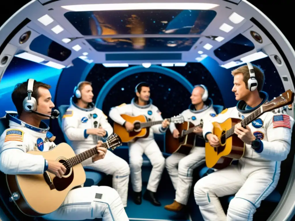 Astronautas flotando en la estación espacial, tocando instrumentos musicales para exploración espacial en gravedad cero, con la Tierra de fondo