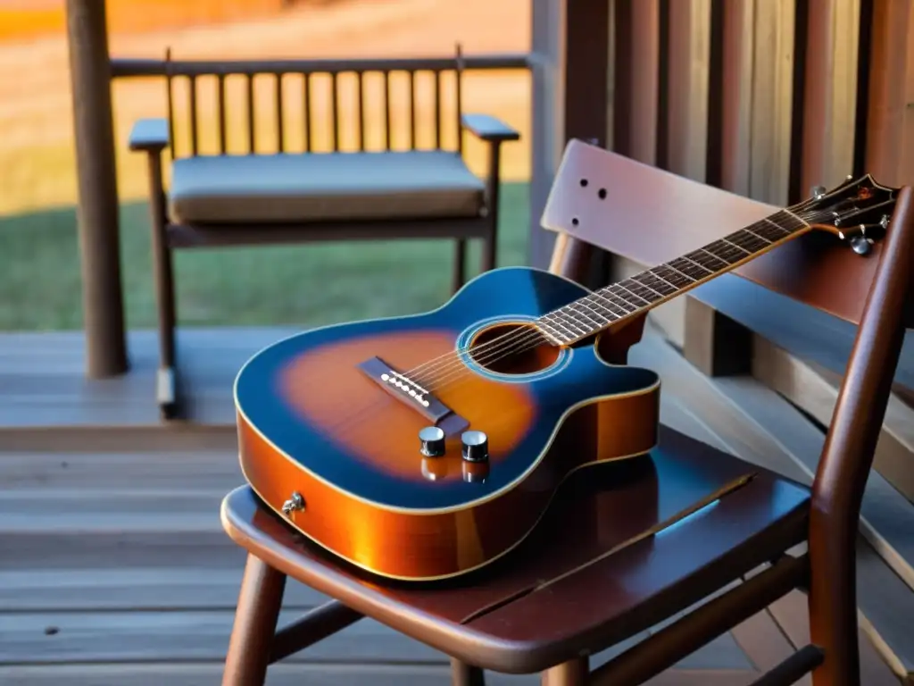 Un atardecer cálido ilumina una guitarra de acero en el porche de una cabaña rústica