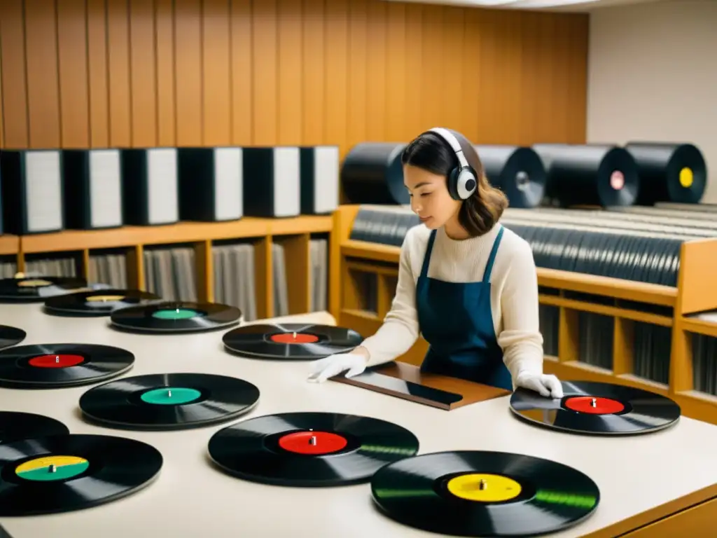 Audio engineers restaurando vinilos en estudio de preservación de grabaciones musicales globales, rodeados de equipo vintage y amor por la música