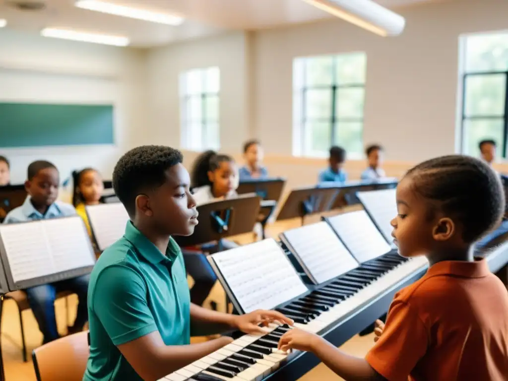 Un aula llena de instrumentos musicales diversificados, con estudiantes de diferentes edades concentrados en lecciones de música