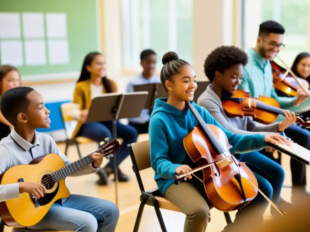 Un aula llena de niños y jóvenes de diversas culturas tocando instrumentos musicales, mostrando la influencia positiva en la educación