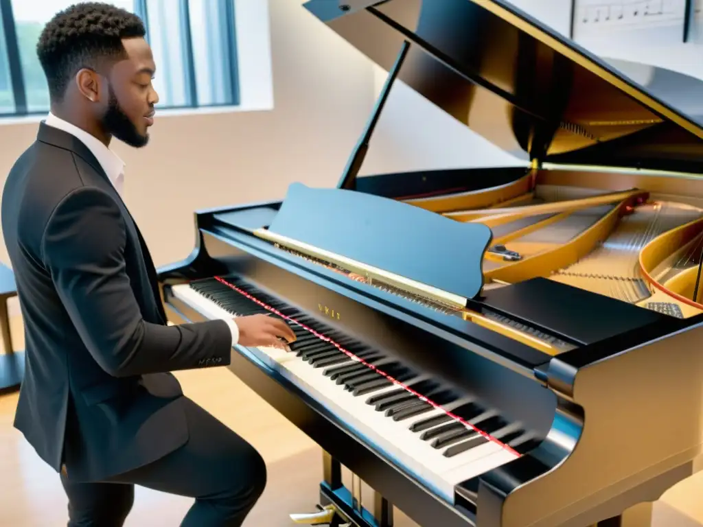 Un aula moderna llena de música, con un piano digital negro y alumnos entusiastas