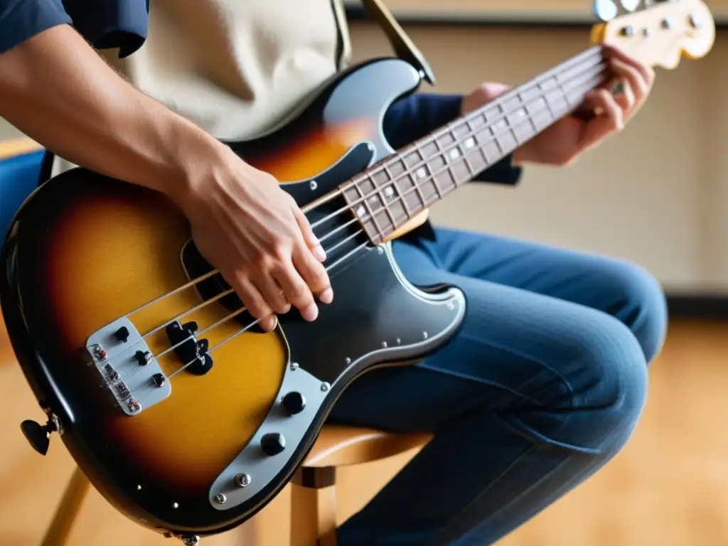 Un aula vibrante, el maestro toca un bajo vintage Fender Precision mientras los estudiantes escuchan con entusiasmo