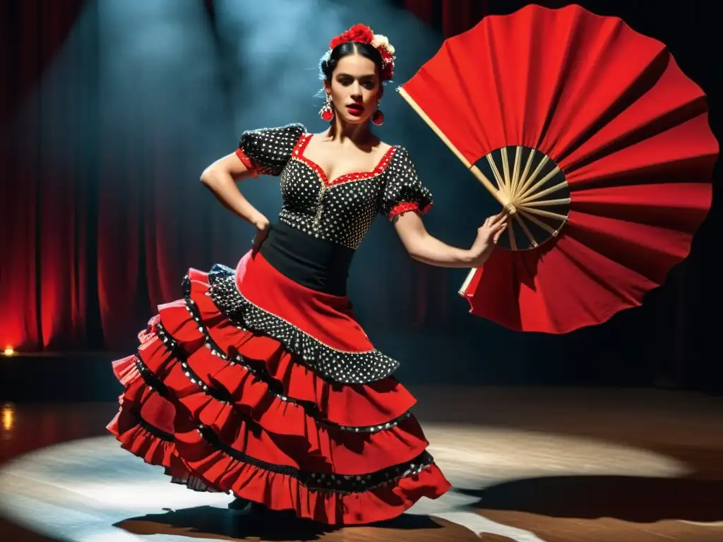 Una bailarina de flamenco con un traje vibrante y castañuelas, en medio de una apasionada actuación