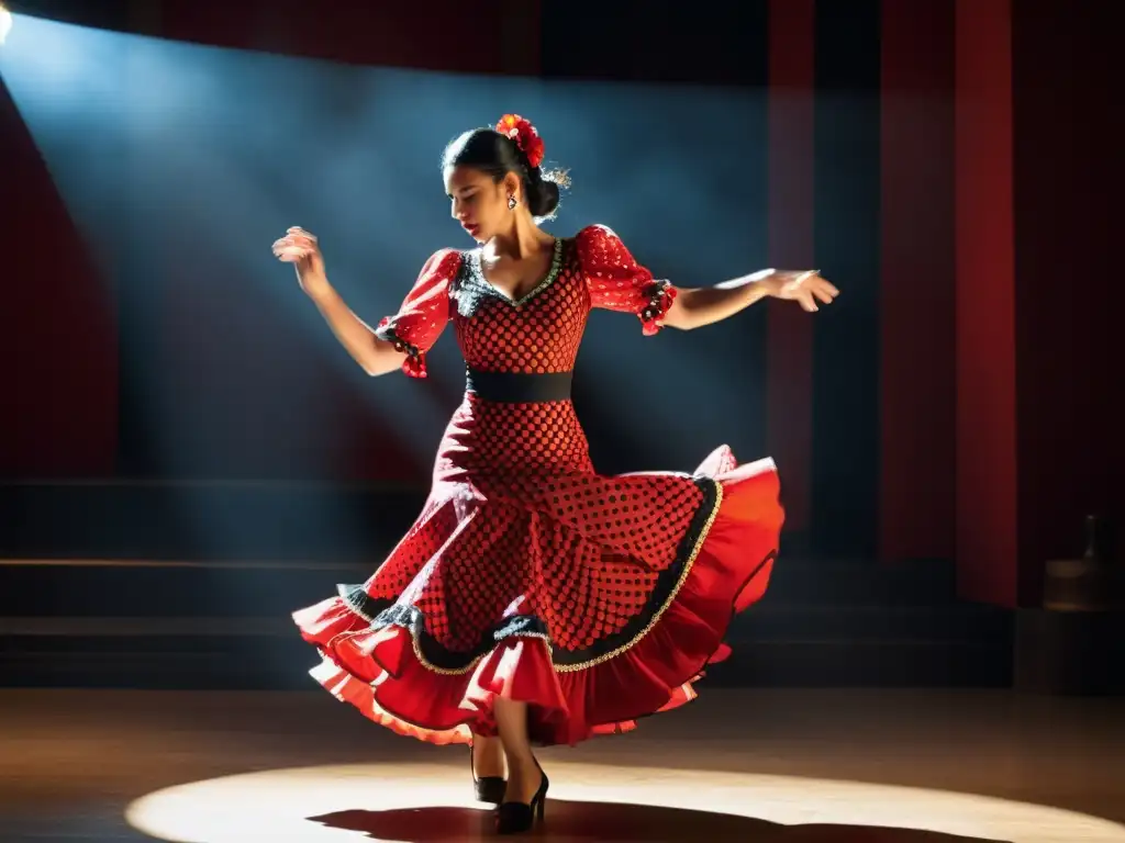 Una bailarina de flamenco con vestido rojo y negro de lunares, castañuelas en mano, en un escenario íntimo y con una expresión apasionada