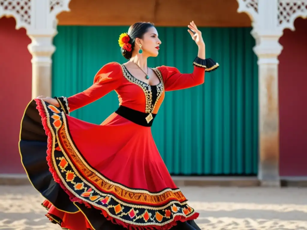 Una bailarina de flamenco con un vestido vibrante y castañuelas, mostrando la relevancia cultural e histórica de las castañuelas en el flamenco