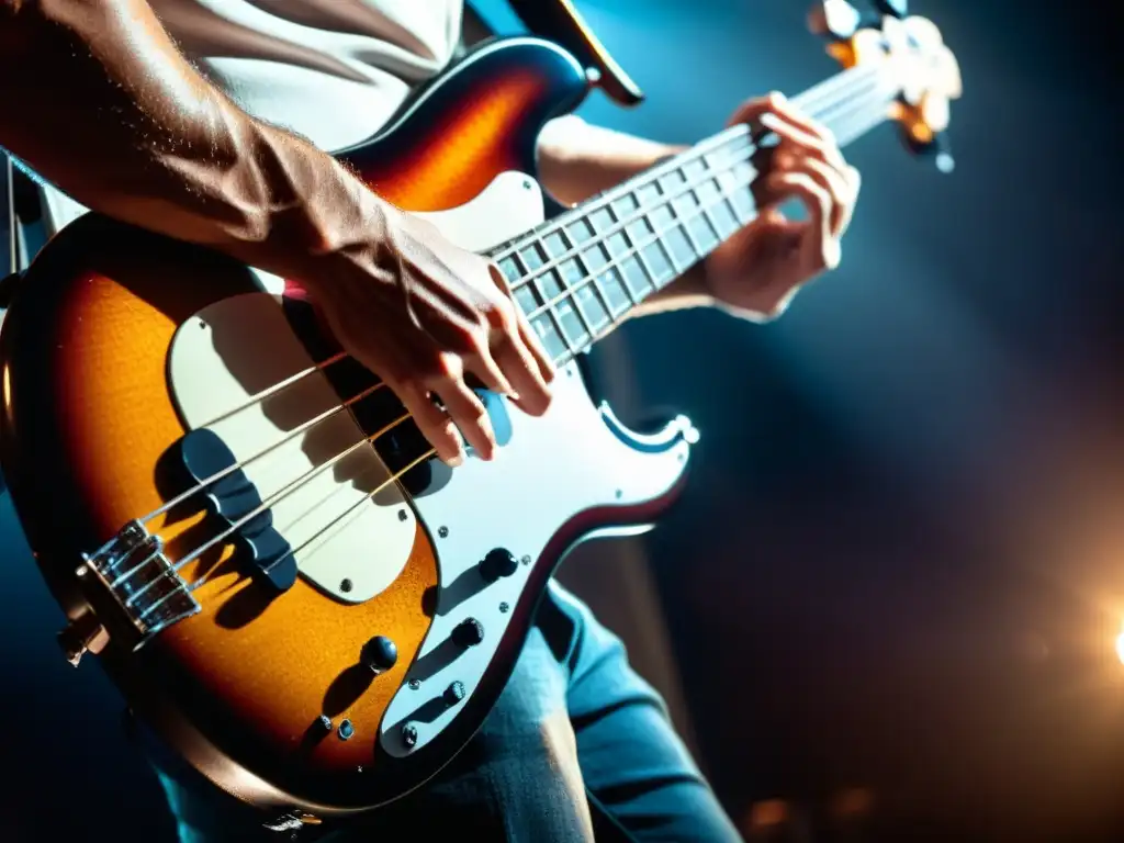 Intensidad en el bajo: pasión y precisión del músico Un bajista apasionado ejecuta técnicas de improvisación en bajo, con sudor en la frente y determinación en los ojos