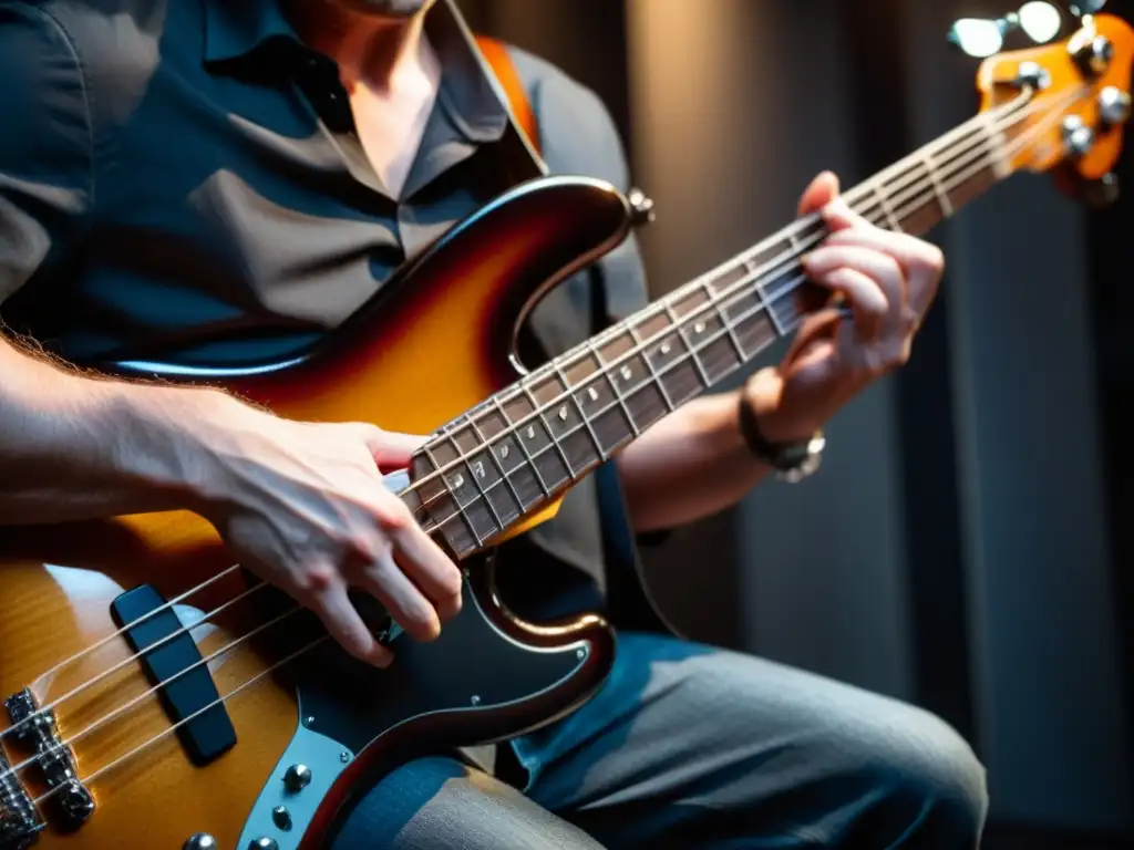 Manos expertas en el bajo: improvisación en acción Un bajista experto improvisa con destreza sobre las cuerdas de su bajo, mostrando la energía y creatividad de las técnicas de improvisación en bajo