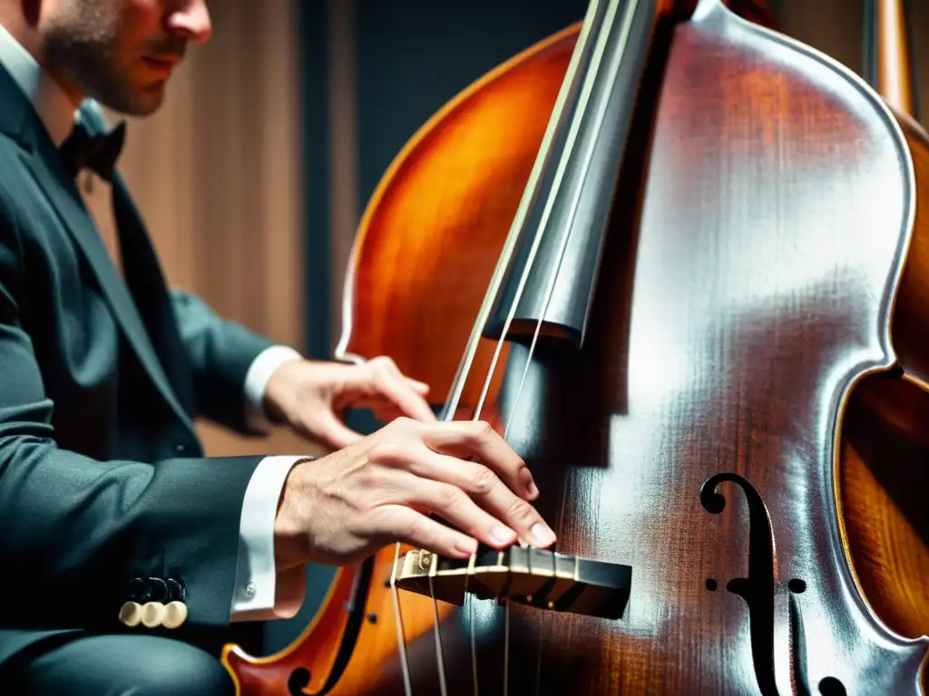 Un bajista experto ejecuta la técnica walking bass jazz en un contrabajo, mostrando destreza y pasión por la música