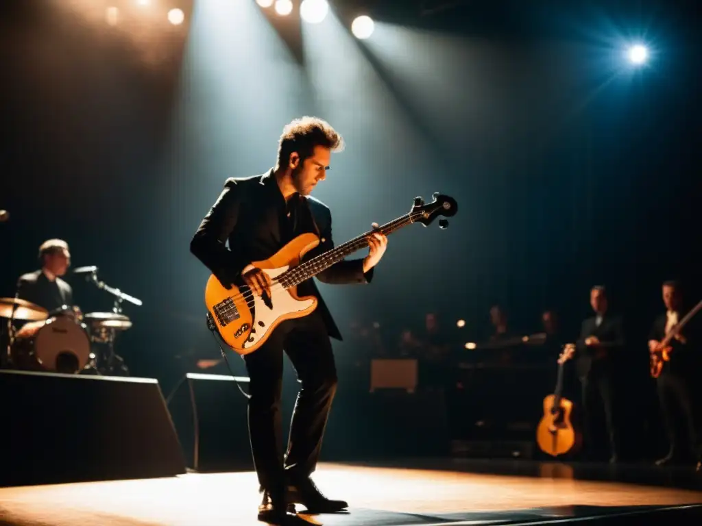 Maestría en improvisación: El virtuoso bajista deslumbra en el escenario Un bajista hábil interpreta un dinámico y creativo bajo en un escenario tenue, mostrando técnicas de improvisación en bajo con pasión y maestría