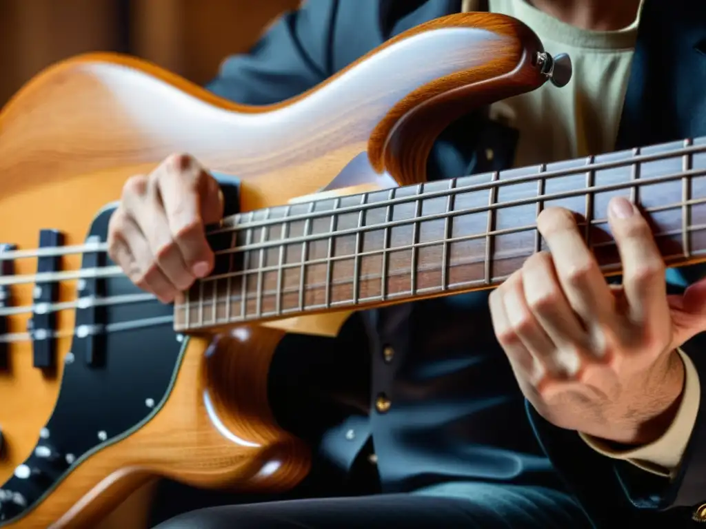 Intensa pasión: Músico hábil tocando el bajo con destreza Un bajista habilidoso improvisa en un bajo, mostrando técnicas de improvisación en bajo con pasión y destreza musical