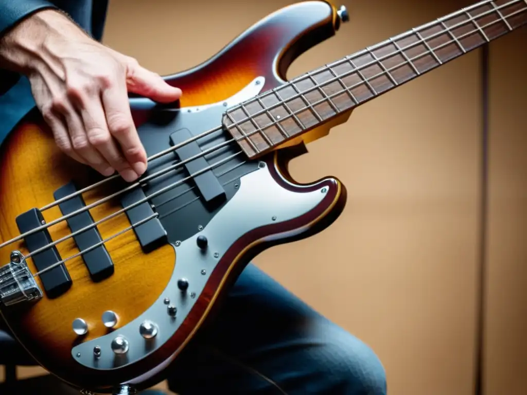 Un bajista profesional tocando las cuerdas de su bajo eléctrico, evocando la dedicación y la maestría necesaria para dominar el instrumento