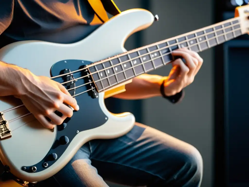 Un bajista profesional toca con destreza un bajo eléctrico de cinco cuerdas