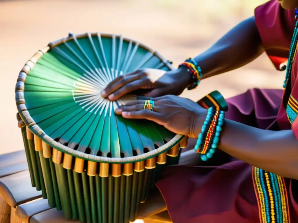 Un balafón africano tallado a mano con detalles coloridos, bañado por la luz del sol entre árboles