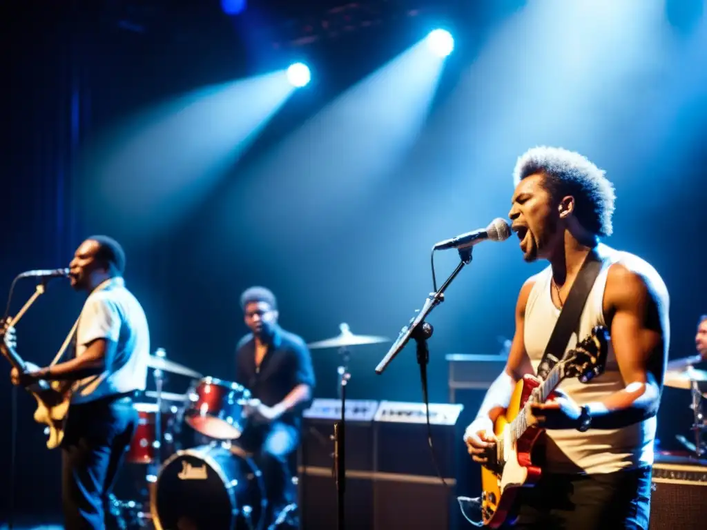 Una banda de blues rock actuando con pasión en el escenario, transmitiendo la intensidad y emoción de su música