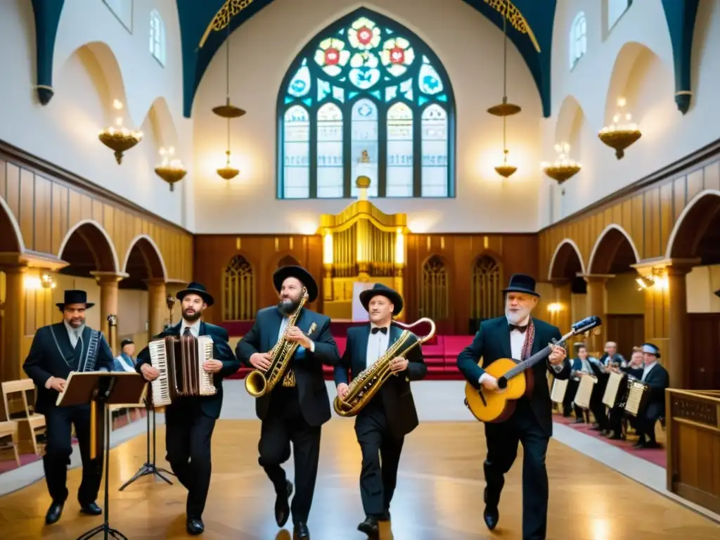 Una banda klezmer judía toca instrumentos musicales en una histórica sinagoga, capturando la energía cultural