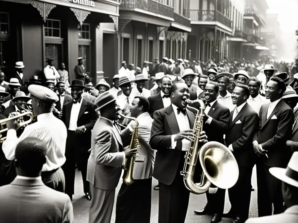 Una banda de jazz animada toca en una bulliciosa esquina de Nueva Orleans en los años 20, rodeada de entusiastas espectadores