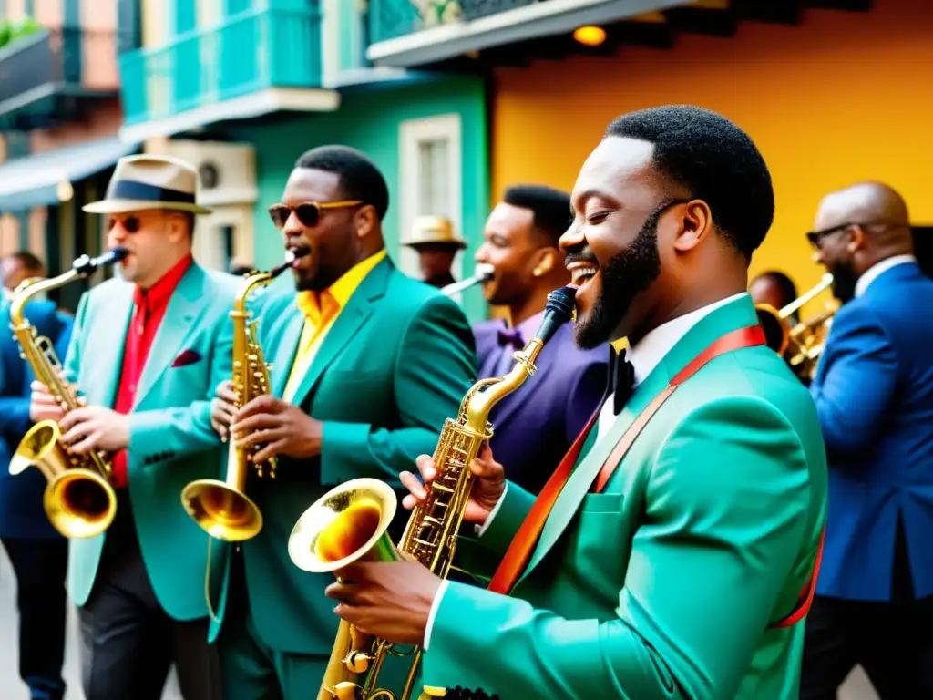 Una banda de jazz enérgica y colorida tocando en las calles de Nueva Orleans, capturando la influencia global del jazz de Nueva Orleans