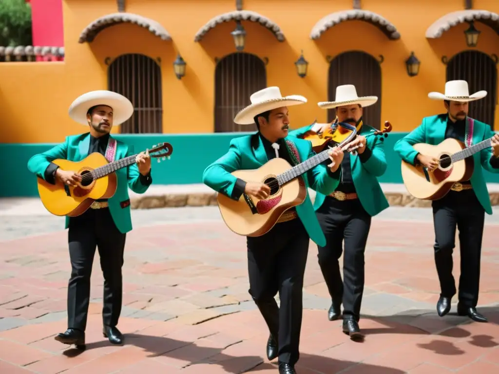 Una banda de mariachis con trajes tradicionales tocando en una plaza mexicana, mostrando la identidad nacional a través de los instrumentos musicales
