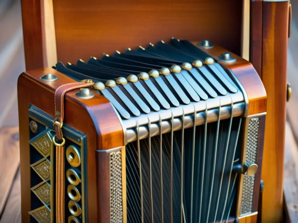 Un bandoneón desgastado se ilumina con luz dorada al atardecer, evocando historia y tradición en la música latina