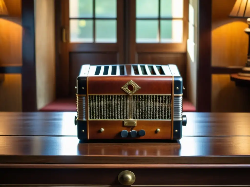 Un bandoneón vintage descansa en una mesa de madera envejecida, iluminado por luz natural