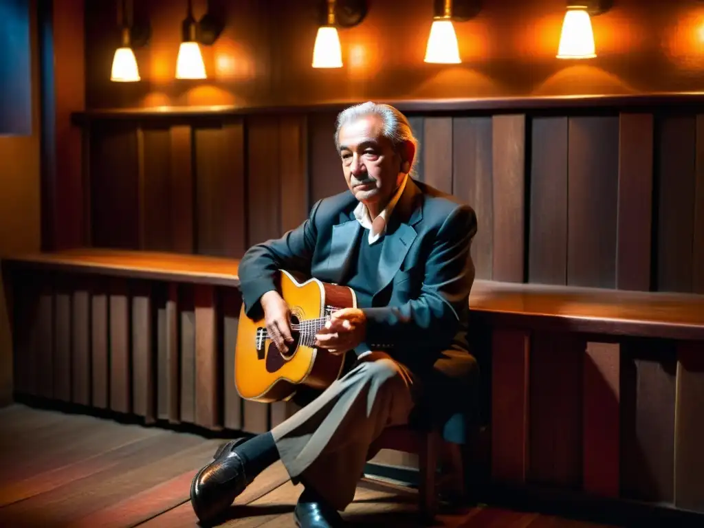 Un bandoneonista en un bar de tango, sus manos envejecidas acunan el instrumento, el escenario iluminado proyecta sombras largas