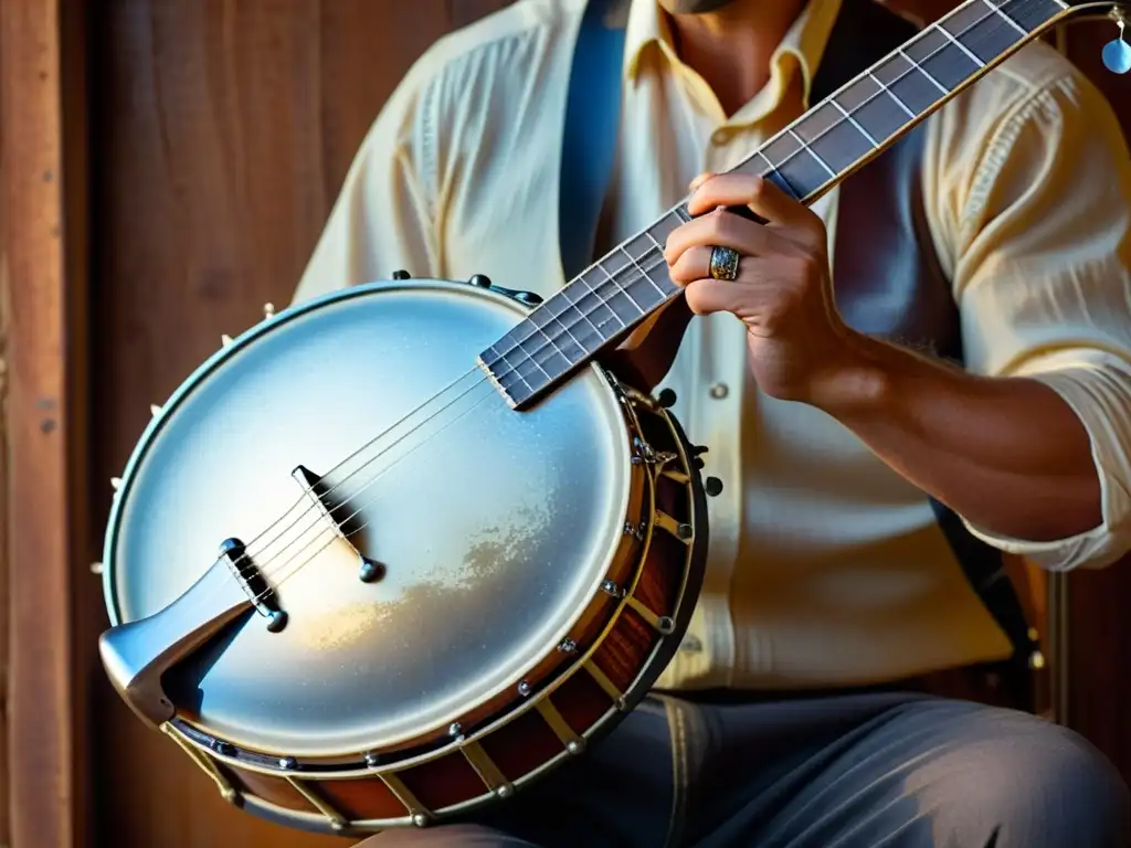 Un banjo antiguo en un íntimo escenario, sus cuerdas brillan con la luz cálida